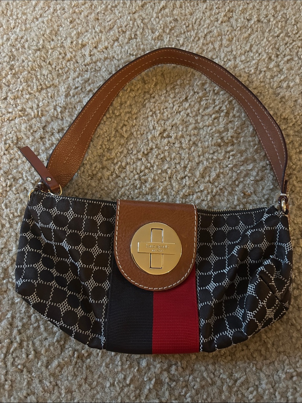 Kate Spade New York Brown Logo-Print Shoulder Bag with Red & Navy Stripe